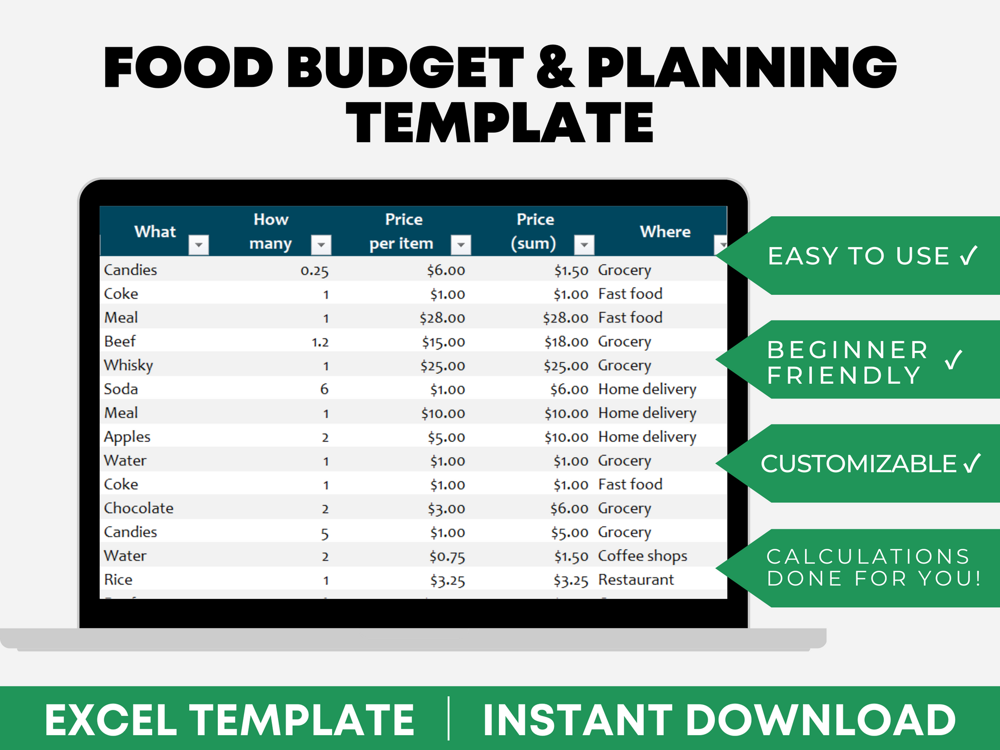 Excel Grocery List template