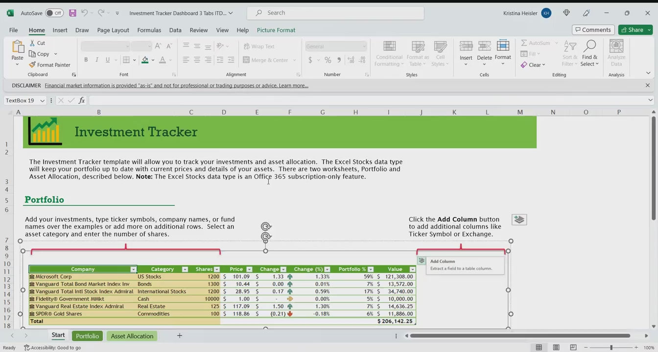 Google sheets investment tracker video