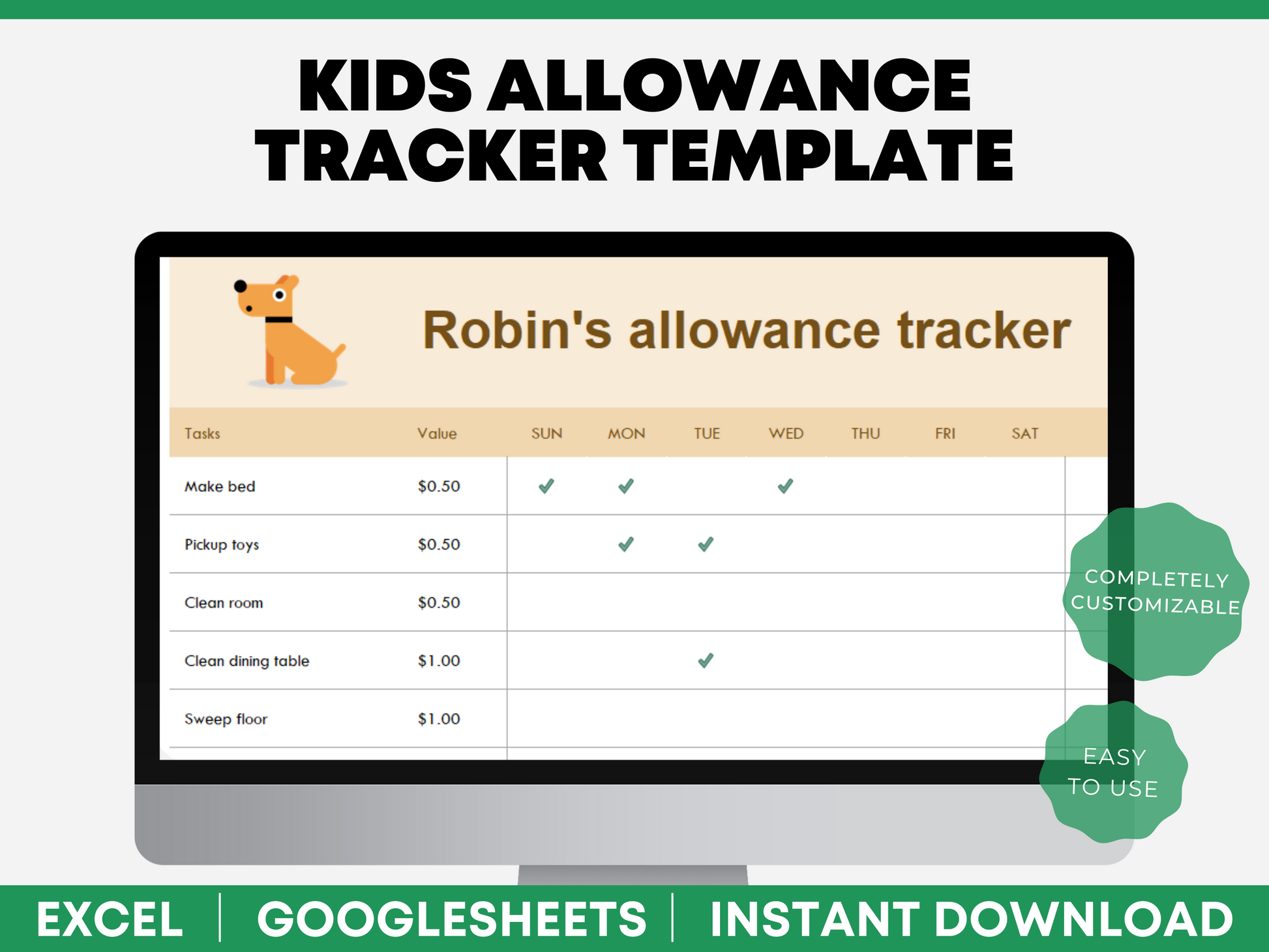 Kids chore chart template excel